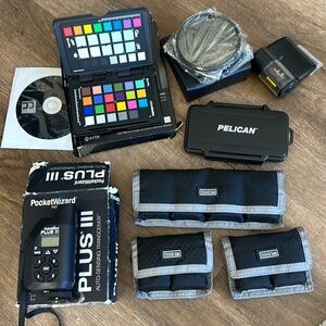 lot of dslr camera accessories and bag